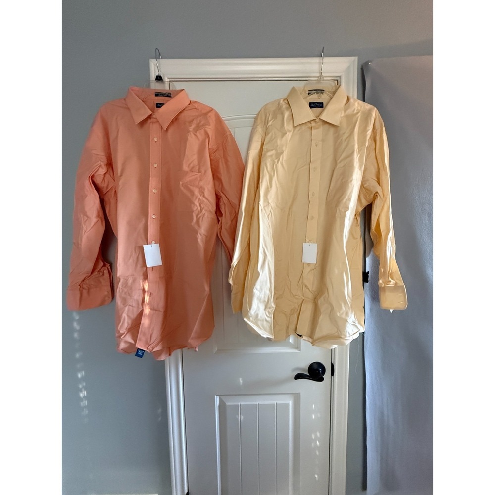 2pc Paul Fredrick Dress Shirt Men's 18.5 Orange and Yellow Monogram Custom NWT